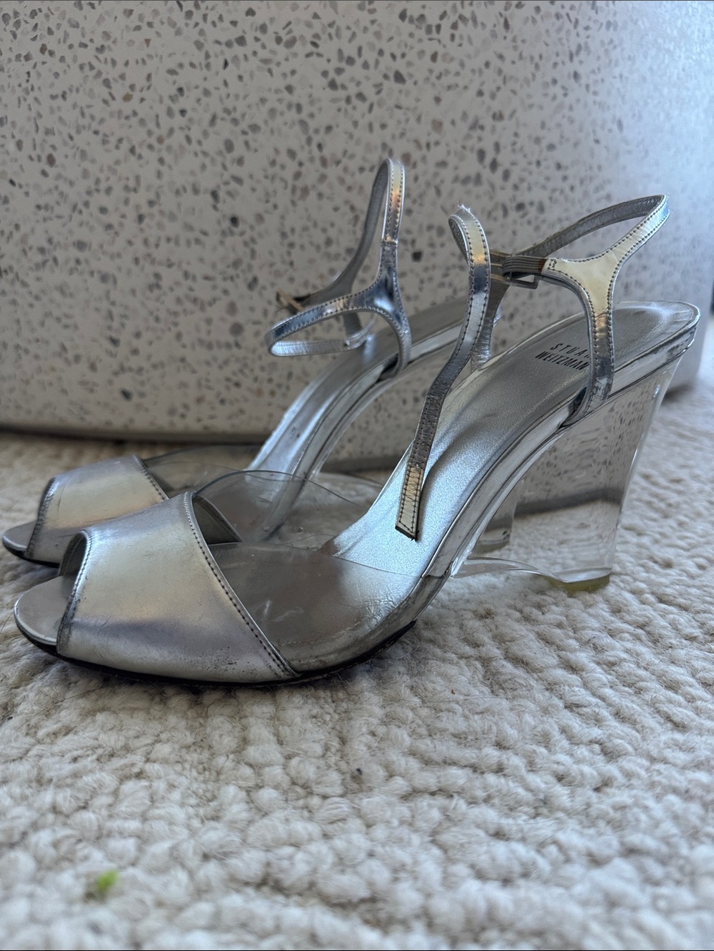 Vintage Stuart Weitzman Silver Metallic and lucite Peep-Toe Slingback Sandals